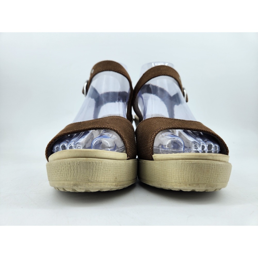 Crocs Hanalei Wedge Sandals Womens 7 Brown Canvas Ankle Strap Platform Peep Toe - Picture 2 of 12